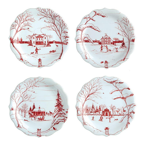Juliska Country Estate Winter Frolic Ruby Set/4 Assorted Party Plates
